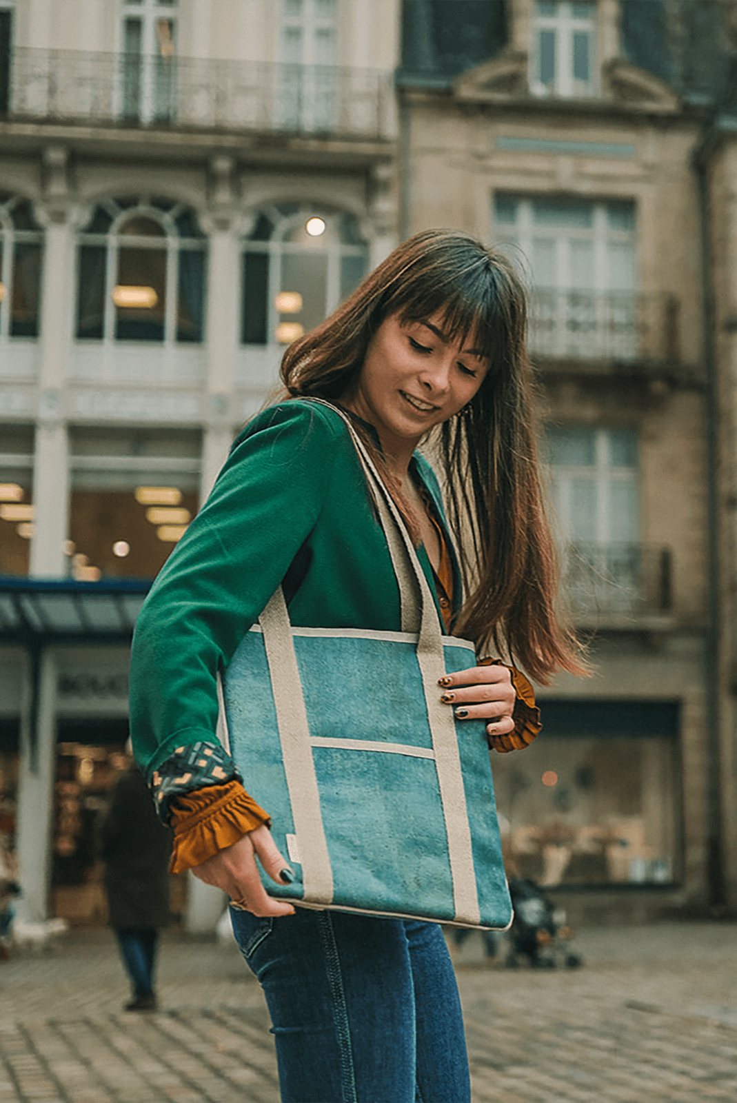 Girl in a European city with Bag Affair Cork Tote Bag