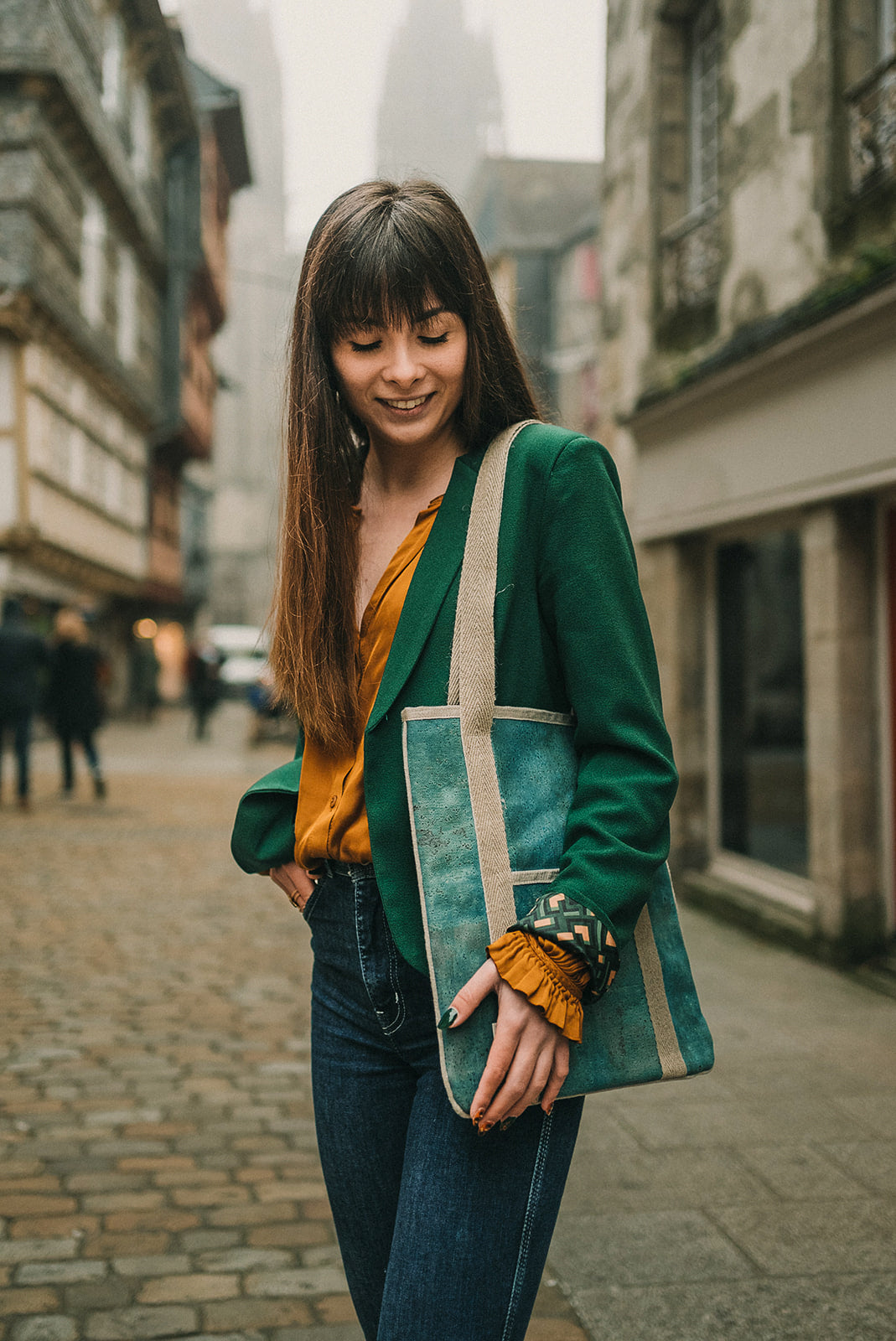 Girl on a brick road with Bag Affair Cork Tote Bag