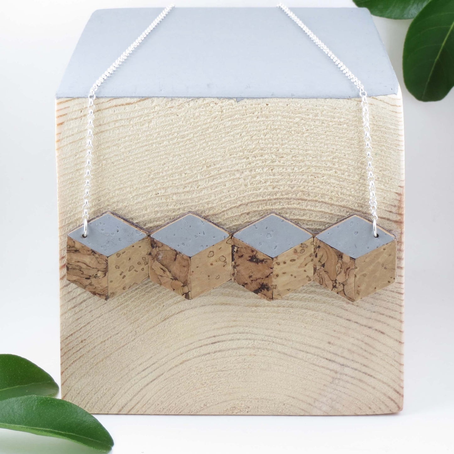 Cube Root Cork Geometric 4-Cube Necklace with Sterling Silver Chain