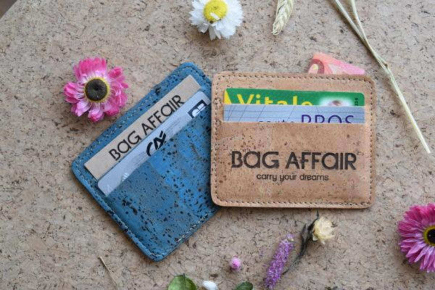 Bag Affair Cork Card Holder Gold and Green Cork on Sidewalk with Flowers