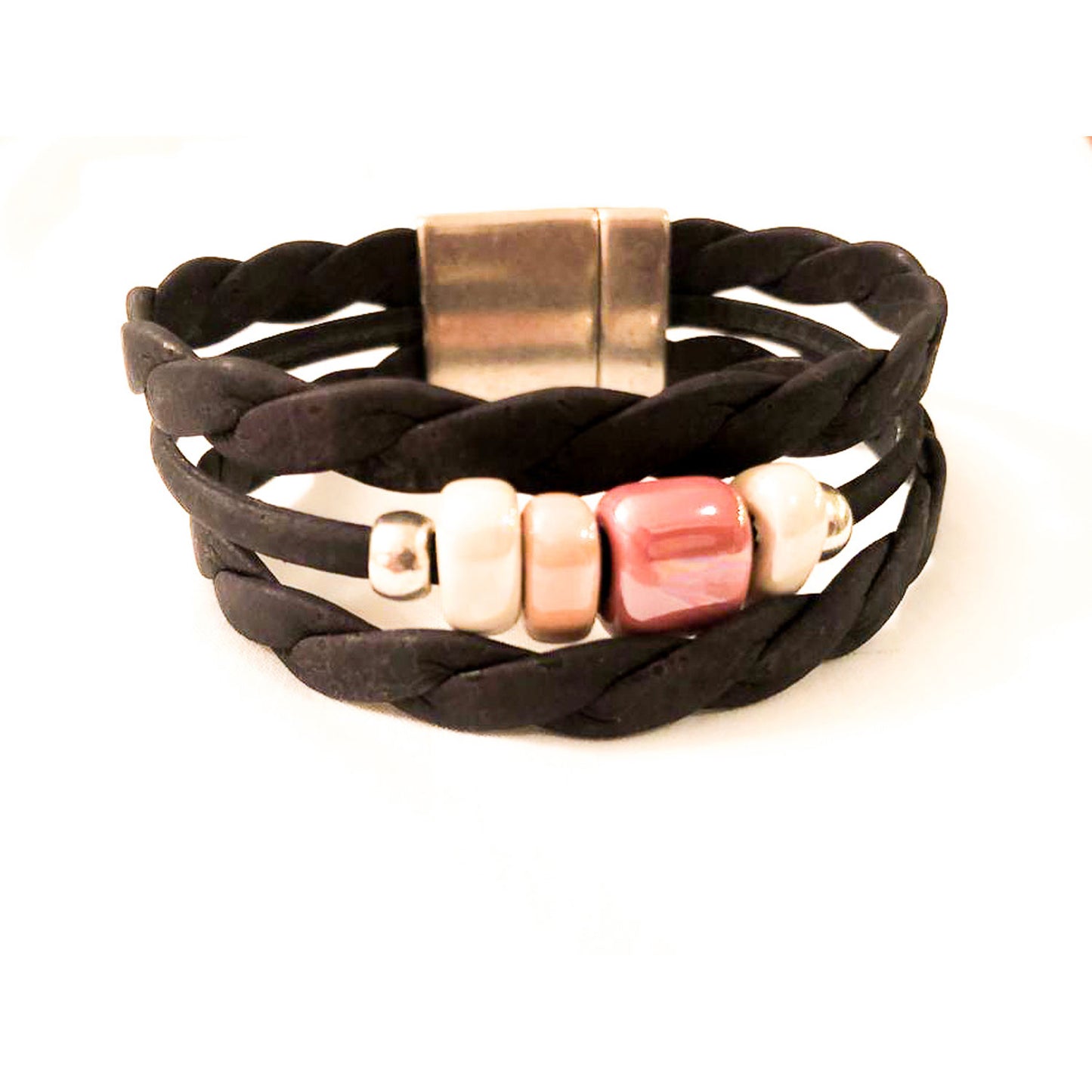 Artelusa Black Triple Cork Bracelet with Pink Ceramics