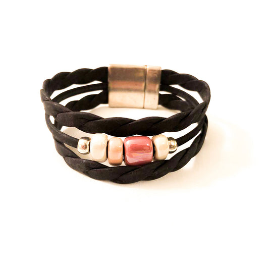 Artelusa Black Triple Cork Bracelet with Pink Ceramics