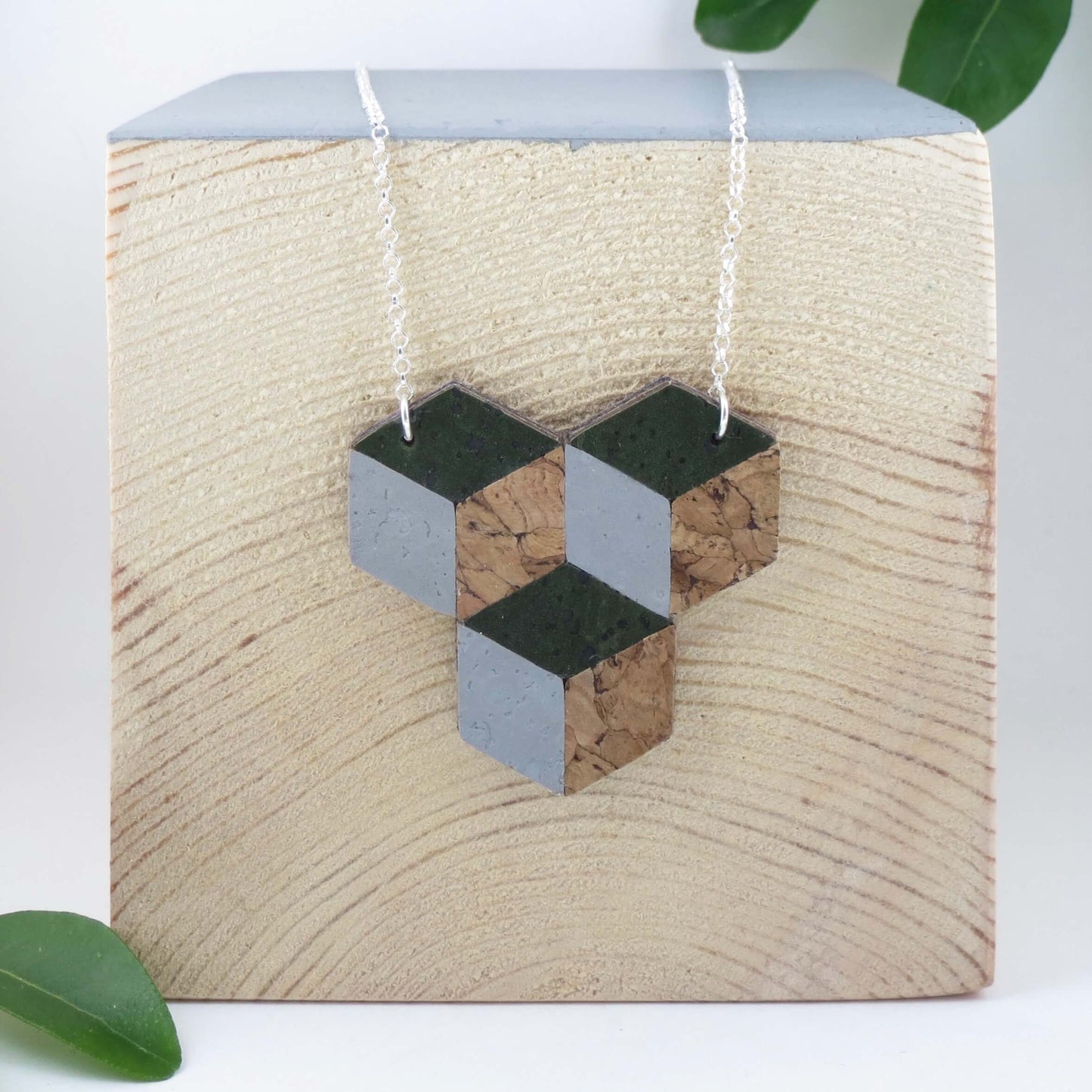 Cube Root Cork Geometric 3 Cube Necklace with Sterling Silver Chain