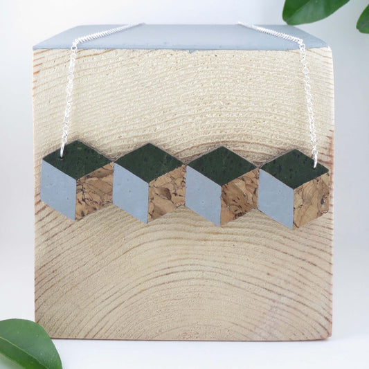 Cube Root Cork Geometric 4-Cube Necklace with Sterling Silver Chain