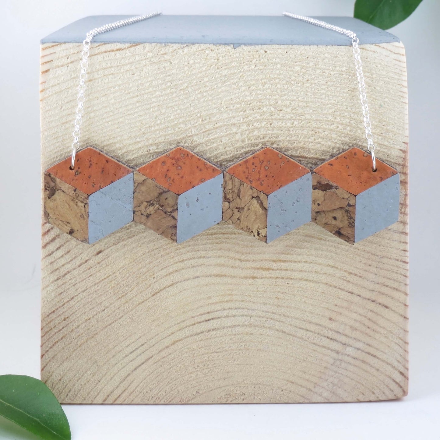 Cube Root Cork Geometric 4-Cube Necklace with Sterling Silver Chain