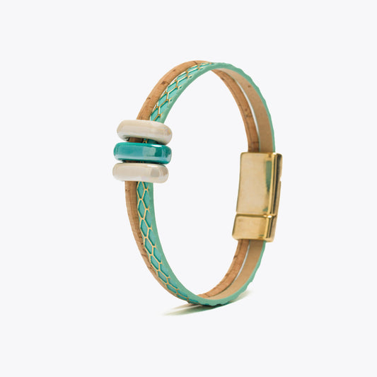 Artelusa Cork Bracelet with Teal Blue Ribbon and Ceramic