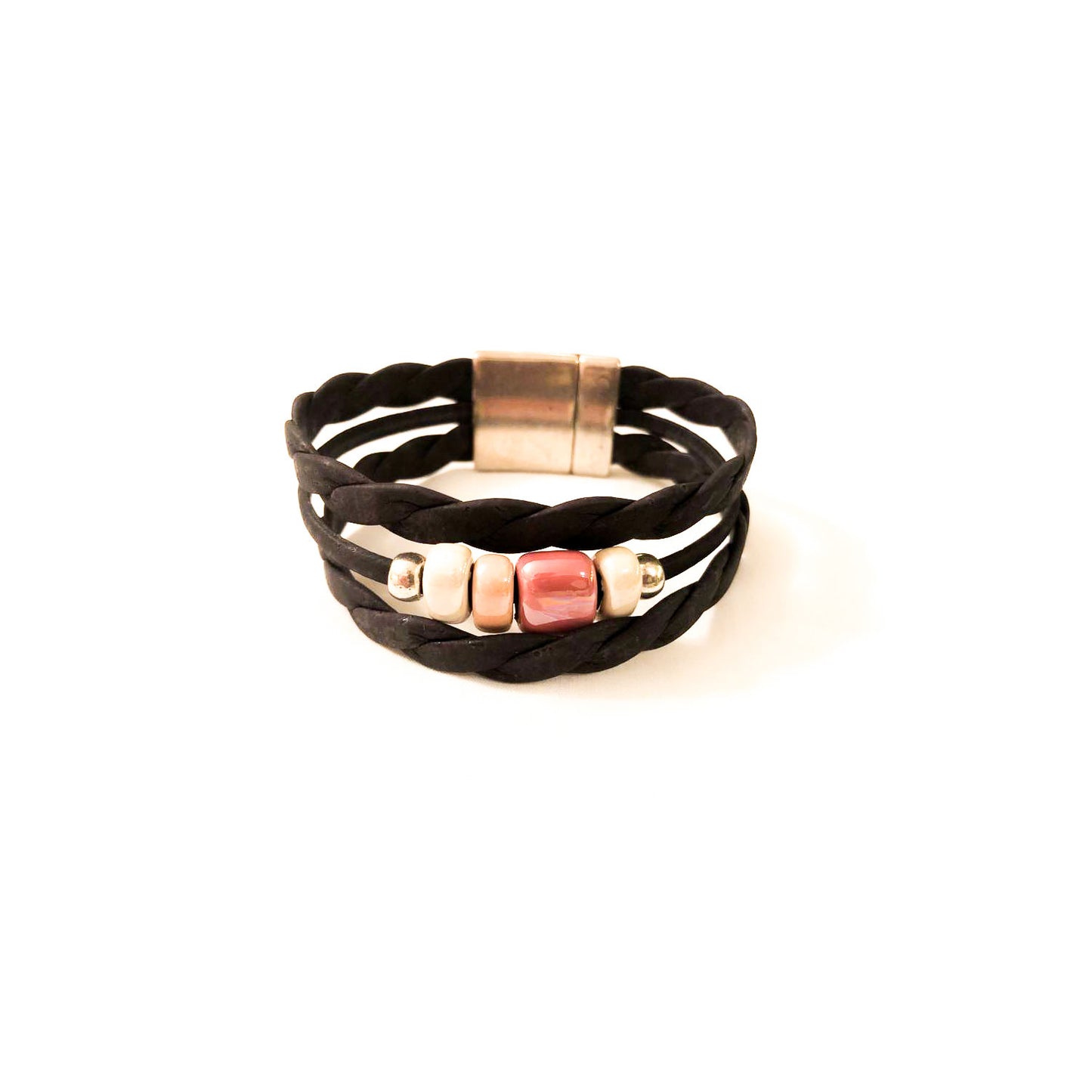 Artelusa Black Triple Cork Bracelet with Pink Ceramics
