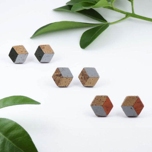 Cube Root Cork Geometric Small Cube Stud Earrings