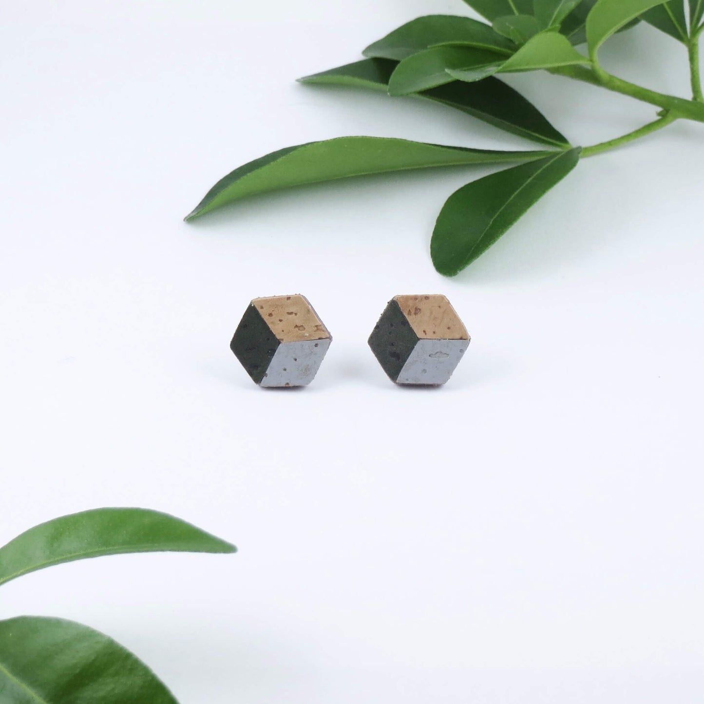 Cube Root Cork Geometric Small Cube Stud Earrings