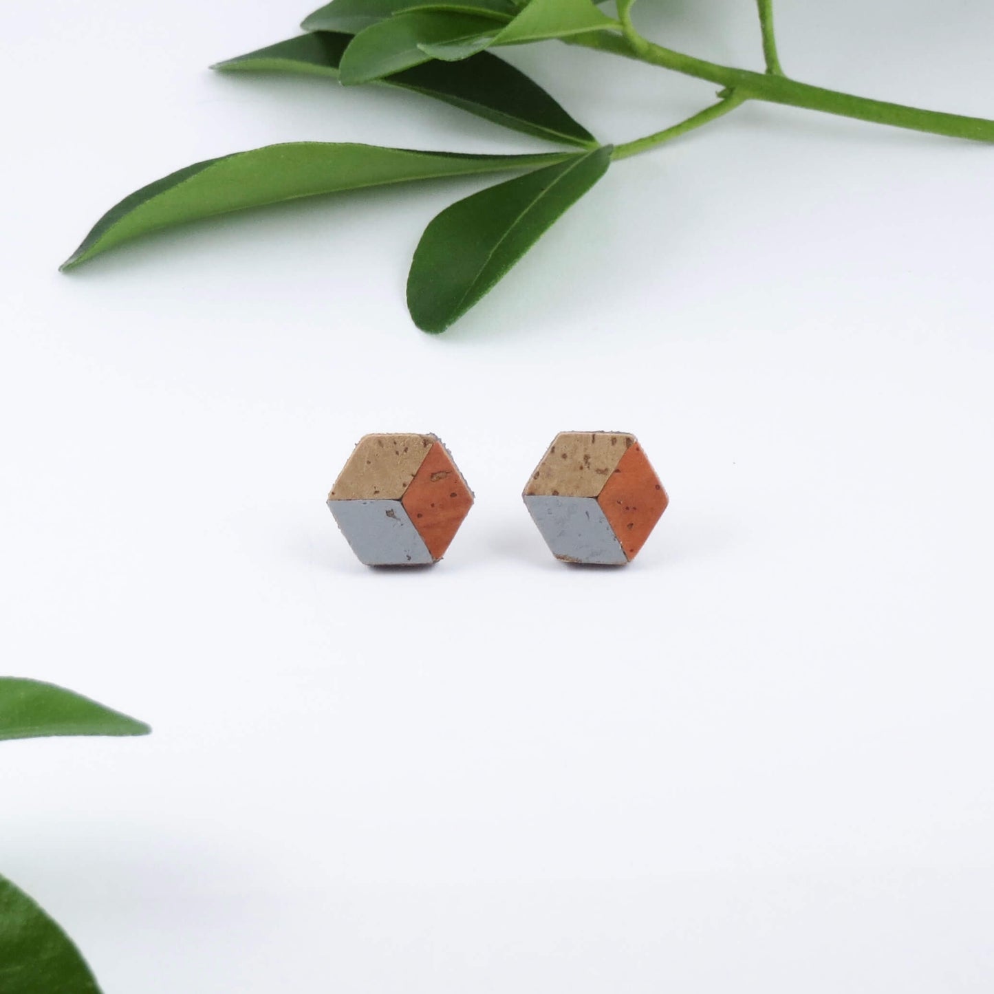 Cube Root Cork Geometric Small Cube Stud Earrings